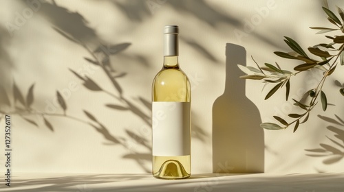 Elegant White Wine Bottle with Olive Branch Shadows