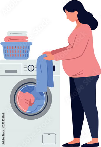 Pregnant woman doing laundry with washing machine in flat vector art