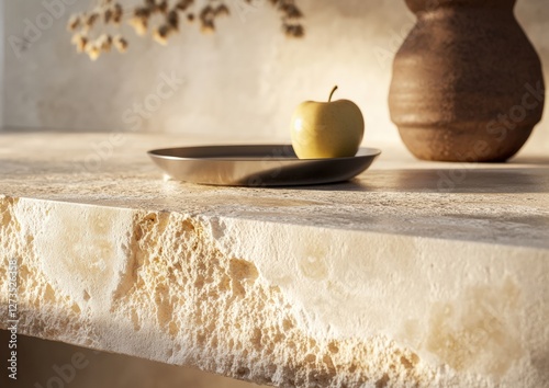 Minimalistic travertine kitchen island with rustic plate of apples and clay vase, trending reverting stone material countertop photo