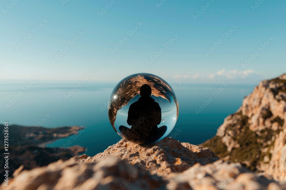 Meditating silhouette in sphere on rocks by ocean for relaxation, travel use