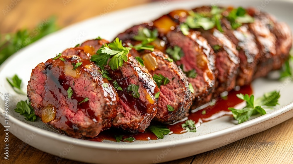 Sliced meatloaf drizzled with sauce and garnished with herbs on a serving plate. Sliced meatloaf drizzled with sauce and garnished with herbs on a serving plate.