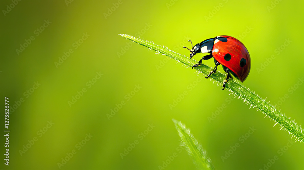a ladybug perched on a blade of grass, its vibrant red shell contrasting against the green background a ladybug perched on a blade of grass, its vibrant red shell contrasting against the green background