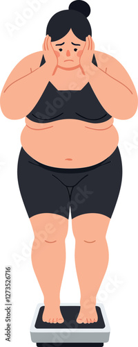 Woman on Scale Expressing Concern in Flat Vector Art Style