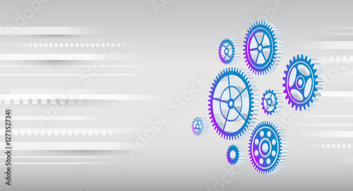 Cogwheel for science experiment presentation. Mechanical engineering concept. Business and industry internet banner. The mechanism consisting of gears on a grey background for the presentation.