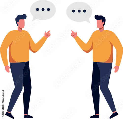 Two men engaged in conversation with speech bubbles in flat vector art