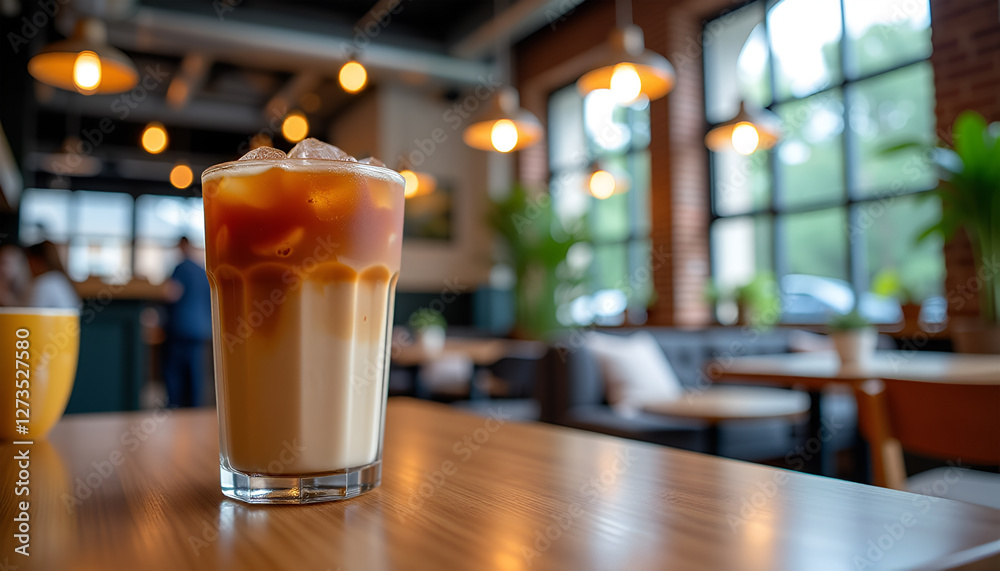 Iced latte on wooden table in warm cafe - relaxed setting Iced latte on wooden table in warm cafe - relaxed setting