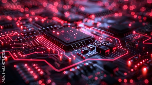 Exploring intricate details of a futuristic cyber circuit board illuminated by red lights