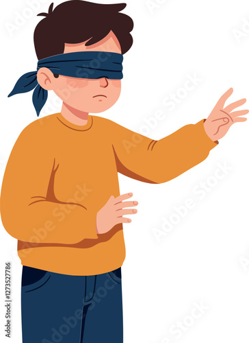 Boy wearing a blindfold reaching out in flat vector art