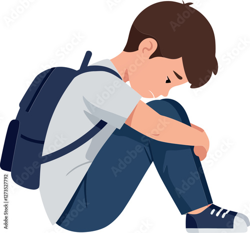 Sad boy sitting with backpack in flat vector art style vector illustration