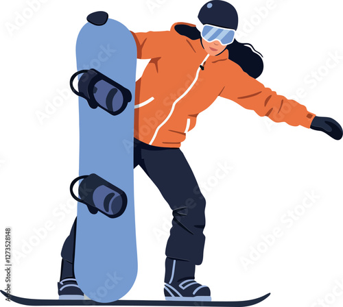 Snowboarder in action wearing an orange jacket, flat vector art