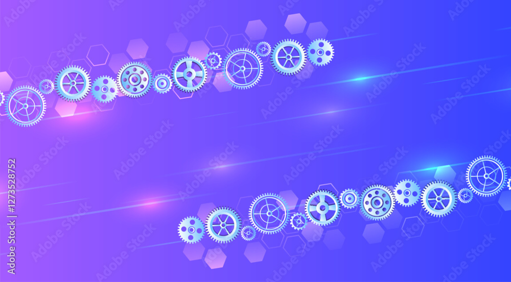 The mechanism consisting of gears on a blue background for the presentation. Cogwheel for science experiment presentation. Mechanical engineering concept. Business and industry internet banner.