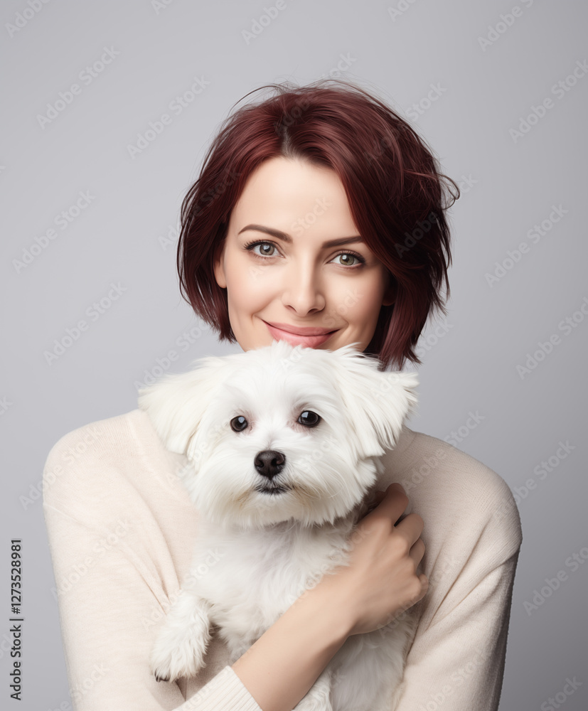 Young woman joyfully embraces white bichon maltesse dog in cozy indoor setting. Puppy pets and love Young woman joyfully embraces white bichon maltesse dog in cozy indoor setting. Puppy pets and love