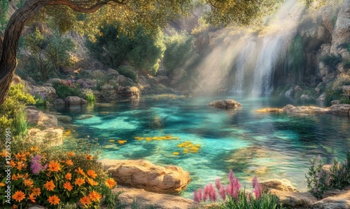 Serene landscape featuring a tranquil pond surrounded by vibrant flowers and a waterfall
