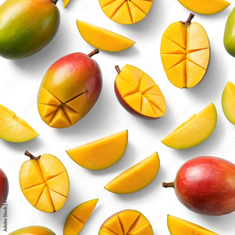 Fresh Mango Slices and Whole Mangoes on White Background Fresh Mango Slices and Whole Mangoes on White Background