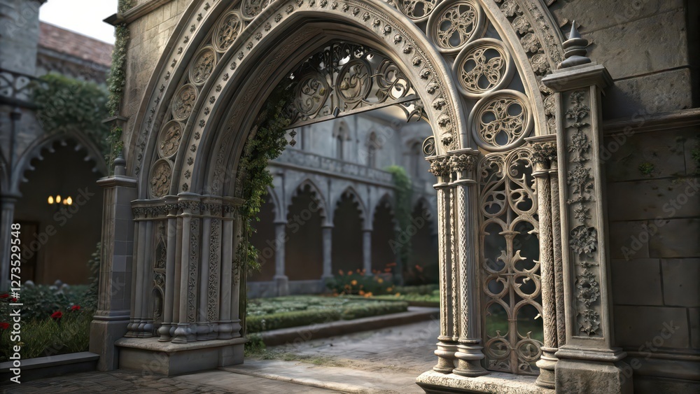 Fototapeta premium Gothic Archway, Courtyard, Stonework, White Background