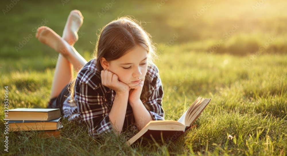 Young girl reading book on grass in sunlight Young girl reading book on grass in sunlight