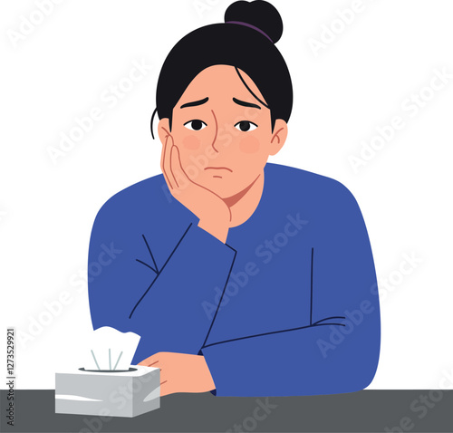 Woman with sad expression sitting at table in flat vector art