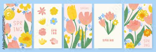 Hello spring, set of cards with hand drawn spring flowers and butterfly. Poster for spring holiday. Hand drawn floral template for women's day march 8, mother's day, easter or birthday. Vector