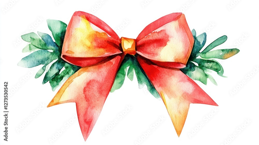 Fototapeta premium Elegant Watercolor Christmas Bow with Festive Greenery Perfect for Holiday Cards and Decorations