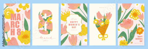Happy Women's Day, March 8. Set of cards with hand drawn spring flowers, butterfly and gold glitter. Poster for spring holiday. Hand drawn floral template for women's day march 8, mother's day, easter
