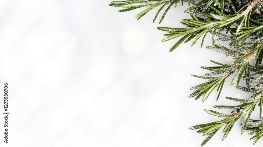 Fototapeta premium Festive rosemary sprig on white, bokeh background; holiday card