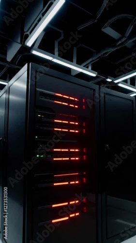 Advanced data center with glowing server racks and dynamic led lights in a hightech environment