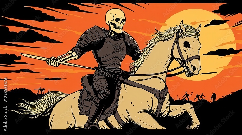 The Death tarot card, a skeleton in armor riding a white horse, symbolizing transformation, endings, and new beginnings, highly detailed for tarot decks The Death tarot card, a skeleton in armor riding a white horse, symbolizing transformation, endings, and new beginnings, highly detailed for tarot decks