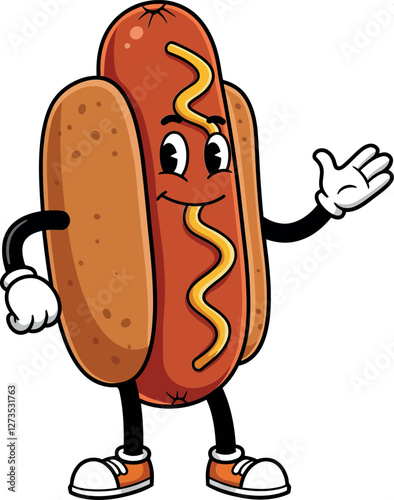 Happy hot dog character waving in a colorful flat vector illustration
