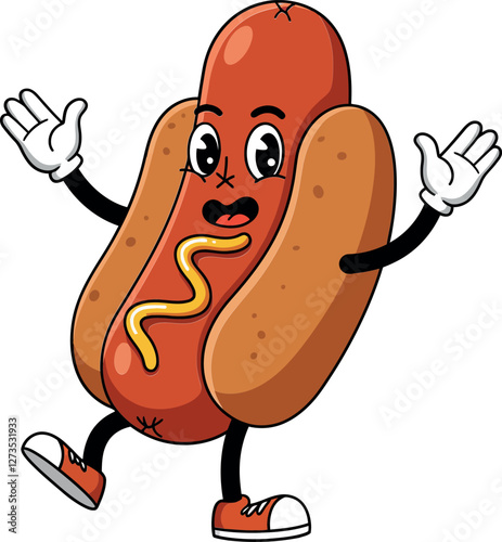 Happy cartoon hot dog character in flat vector art style