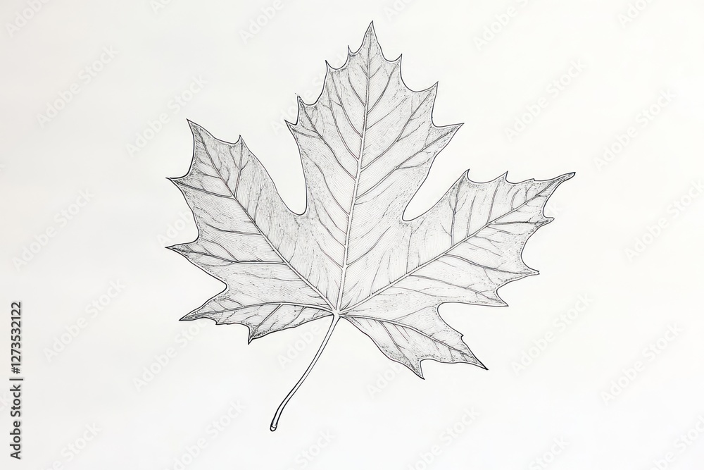 Pencil sketch of maple leaf on white paper, nature study Pencil sketch of maple leaf on white paper, nature study