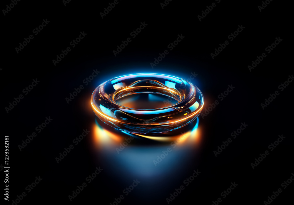 Shenzhen, China - Unknown Date : A luminous torus form with orange and blue light emanates against a dark backdrop. The glossy, circular shape reflects light creating a modern, abstract design. Shenzhen, China - Unknown Date : A luminous torus form with orange and blue light emanates against a dark backdrop. The glossy, circular shape reflects light creating a modern, abstract design.