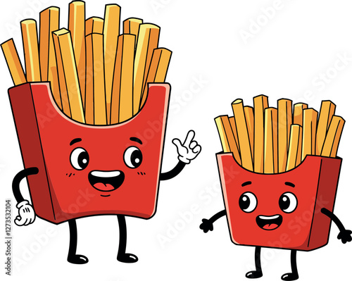 Happy cartoon french fries interacting in a colorful flat vector art