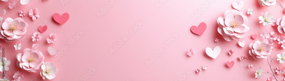 Pink Flowers Hearts Papercraft Romantic Background Design Pink Flowers Hearts Papercraft Romantic Background Design