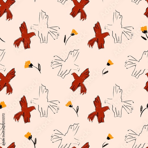 Lovely spring pattern with birds and flowers