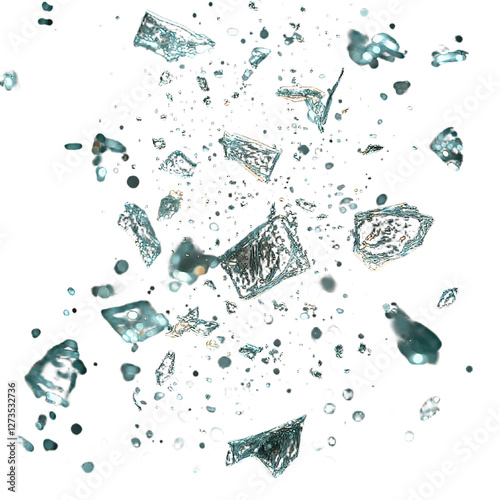 Shattering glass fragments captured in midair isolated on transparent background