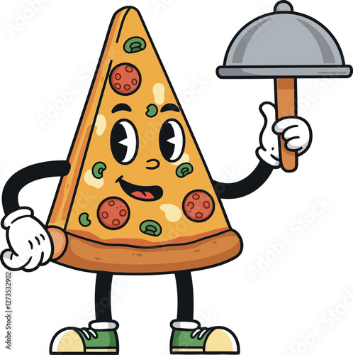 Happy pizza slice character in flat design holding a cloche vector art