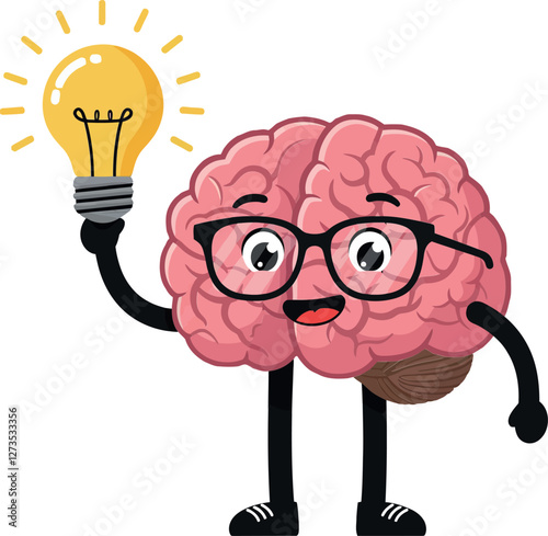 Brain character holding a light bulb in a playful flat vector art