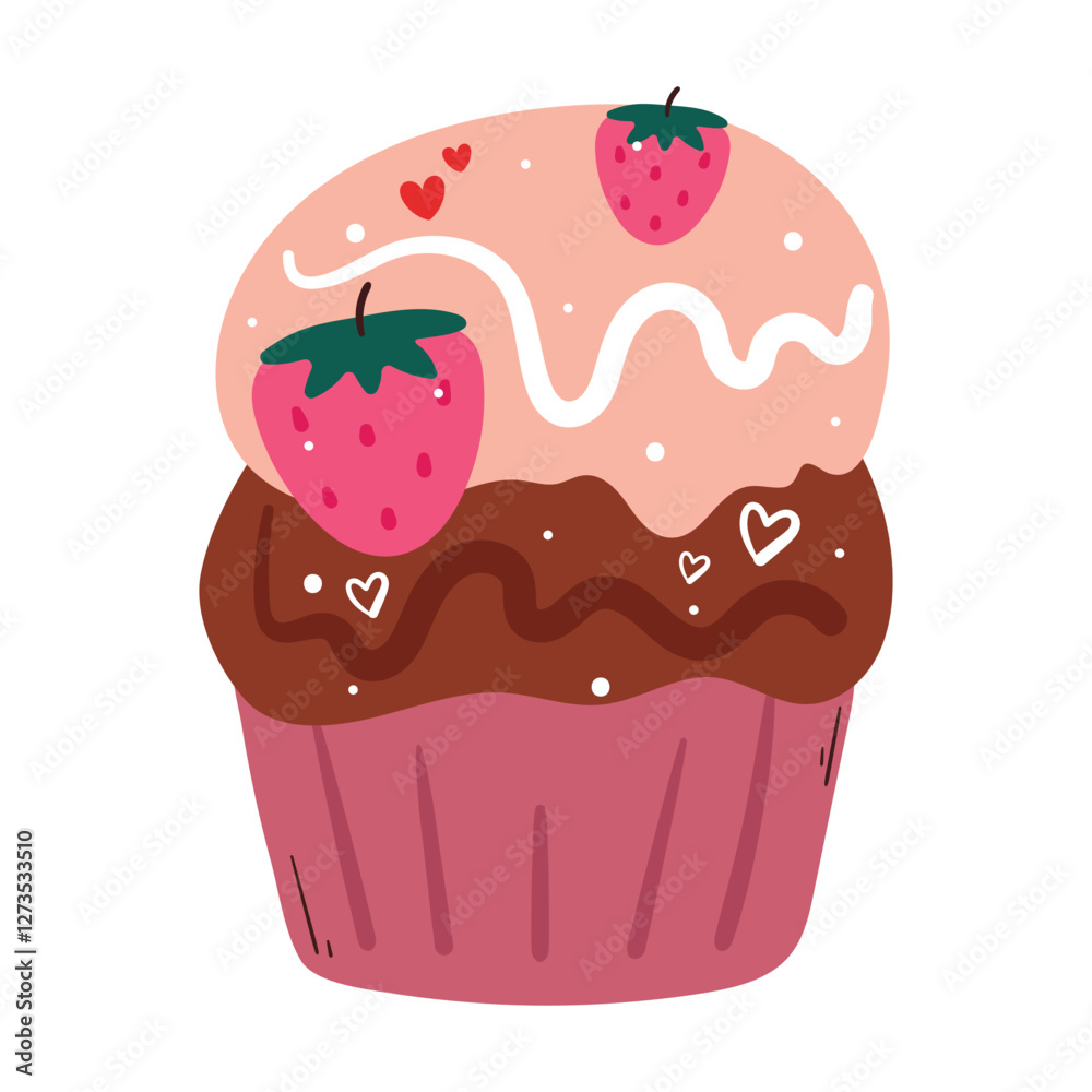 cute hand drawing cartoon cupcake with strawberry on it. cute dessert cartoon sticker cute hand drawing cartoon cupcake with strawberry on it. cute dessert cartoon sticker