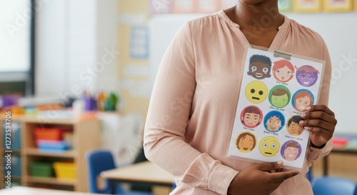 Teacher holding emotion chart in multicultural classroom to teach kids emotional intelligence and expression