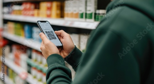 Person scans QR code with smartphone in store aisle