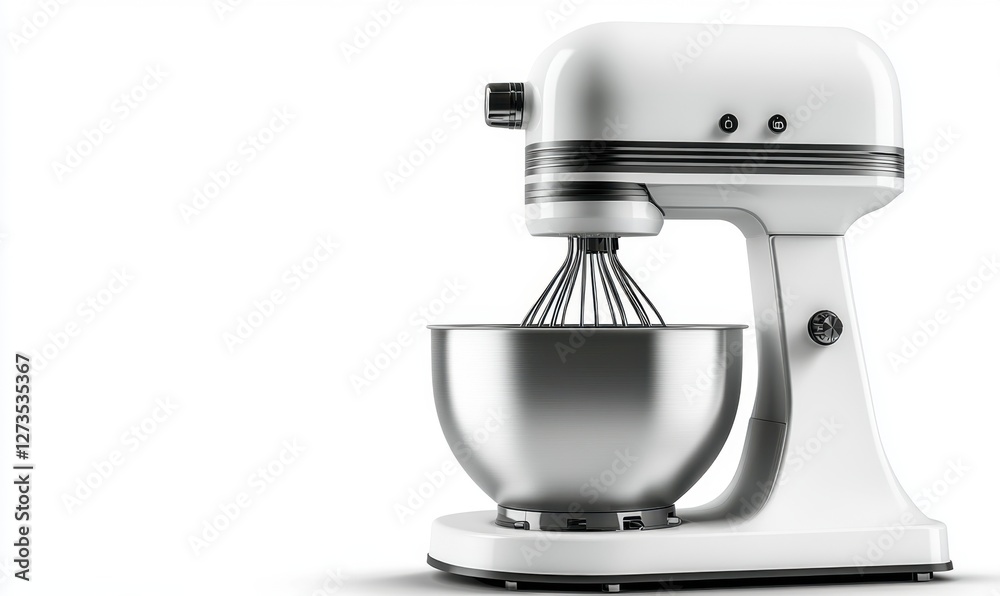 Modern kitchen mixer with stainless steel bowl on a white background, ideal for culinary use Modern kitchen mixer with stainless steel bowl on a white background, ideal for culinary use