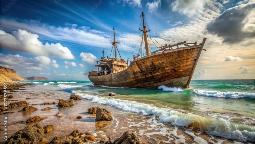 Ancient Greek shipwreck on Kish Island shores, debris scattered around Ancient Greek shipwreck on Kish Island shores, debris scattered around