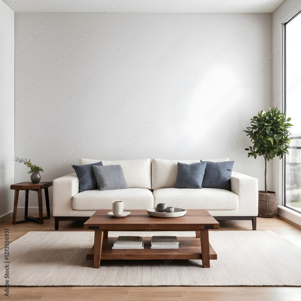 Fototapeta premium Modern Living Room Interior with White Sofa and Wooden Coffee Table