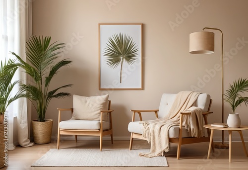 Cozy Beige Living Room Interior with Wooden Armchairs and Plants