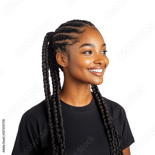 studio photo of side shot of smiling african american woman with thick beautiful braids wearing black t shirt white background