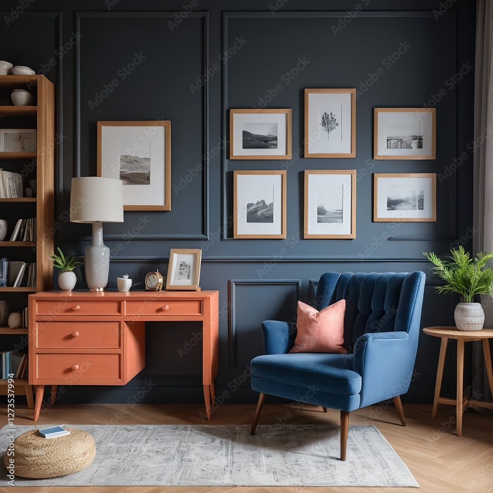 Fototapeta premium Stylish Modern Living Room Interior with Blue Armchair and Coral Desk
