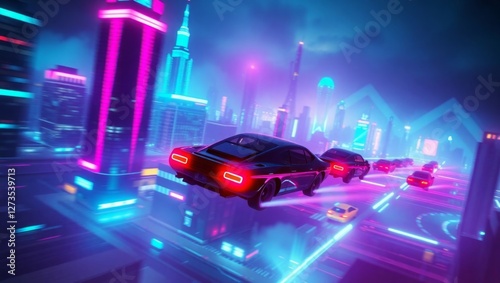 Retro-Futuristic Flying Cars Over a 1980s-Inspired Neon City photo