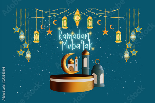 Beautiful Ramadan Mubarak Illustration with Lanterns, Stars, and Crescent Moon Decorations