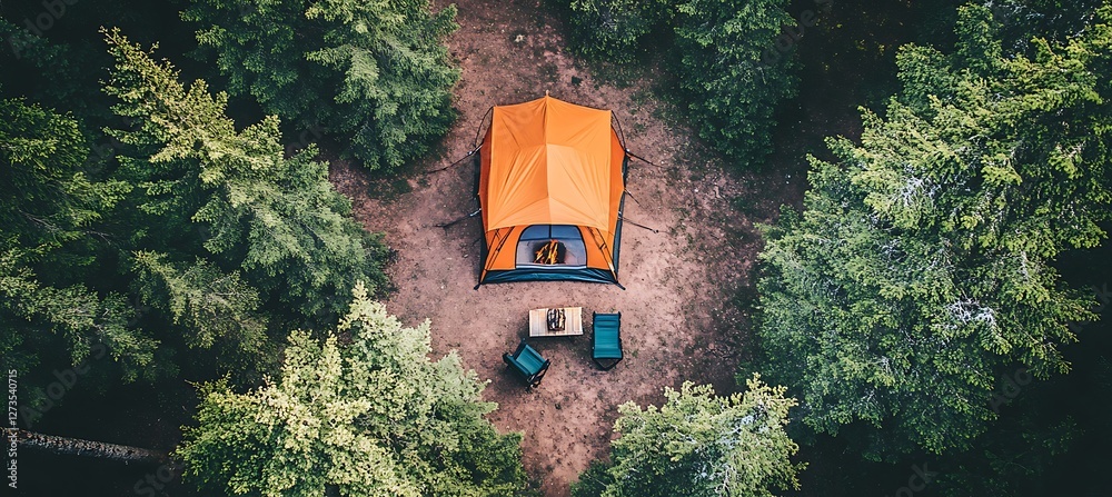 Aerial view of a tent and camping setup in woods