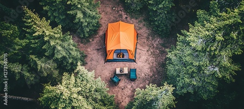 Obraz na płótnie Aerial view of a tent and camping setup in woods w salonie